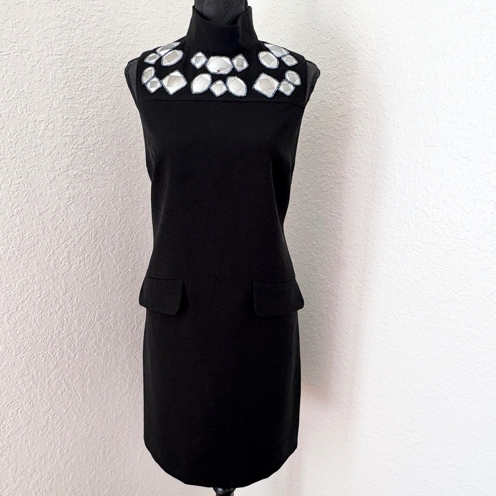 Carlisle Per Se Embellished Mock Neck Shift Dress, Womens 6 Black